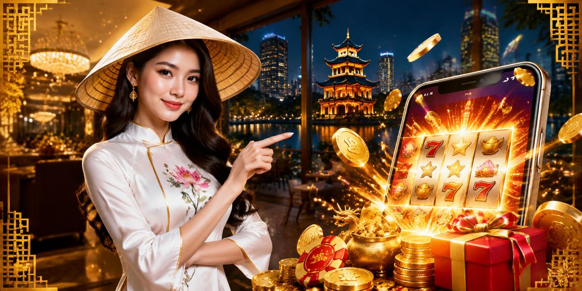Người chơi slot game tại Hà Nội đội nón lá trong không gian kết hợp truyền thống và hiện đại