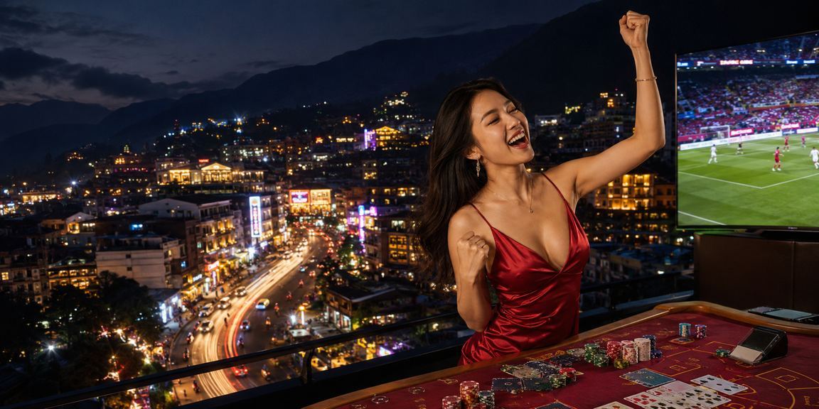 Bàn chơi Baccarat với ánh đèn neon tại Sapa trong không khí casino sôi động